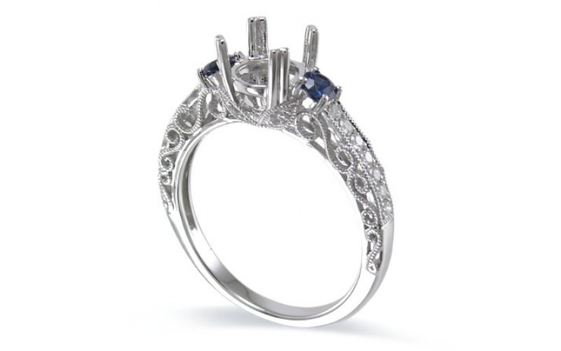 14K White Gold Sapphire With Diamond Ring Mounting