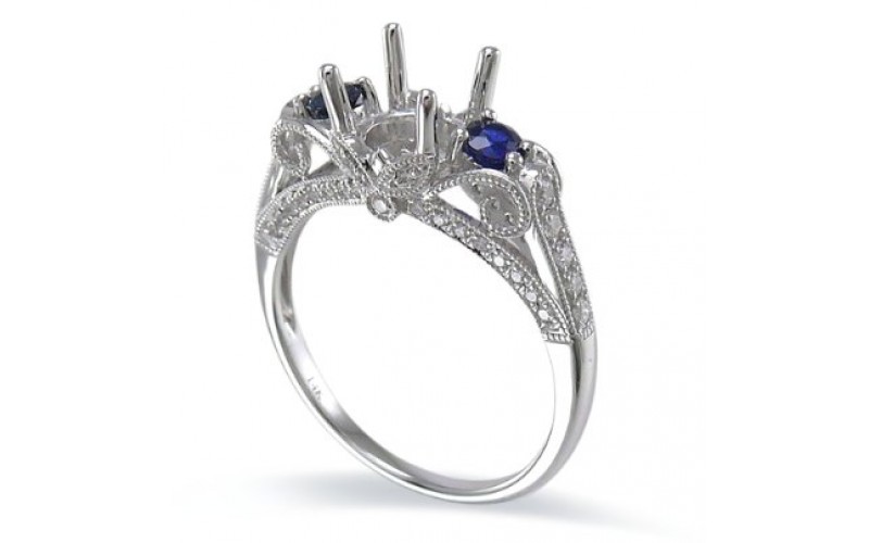 14K White Gold Sapphire With Diamond Ring Mounting