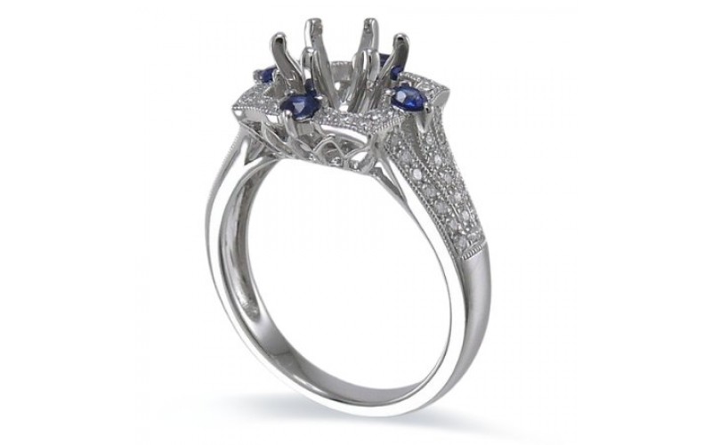 14K White Gold Sapphire With Diamond Ring Mounting