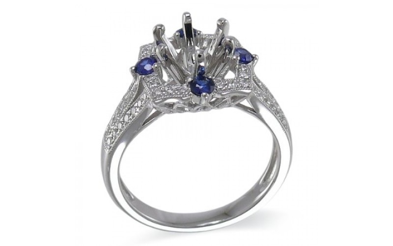 14K White Gold Sapphire With Diamond Ring Mounting