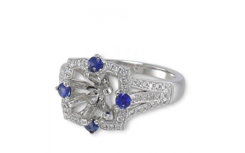 14K White Gold Sapphire With Diamond Ring Mounting
