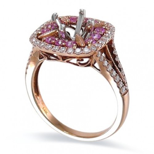 14K Rose & White Gold Pink Sapphire With Diamond Ring Mounting