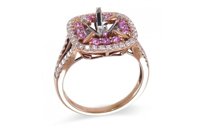 14K Rose & White Gold Pink Sapphire With Diamond Ring Mounting
