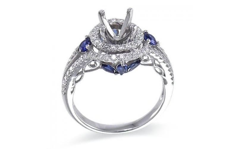 14K White Gold Sapphire With Diamond Ring Mounting