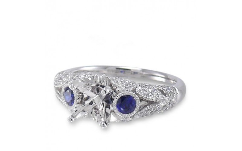 14K White Gold Sapphire With Diamond Ring Mounting