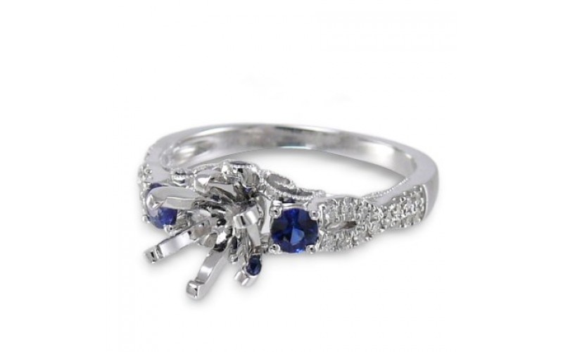 14K White Gold Sapphire With Diamond Ring Mounting