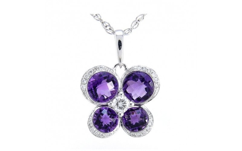 14K White Gold Amethyst With Diamond Pendant