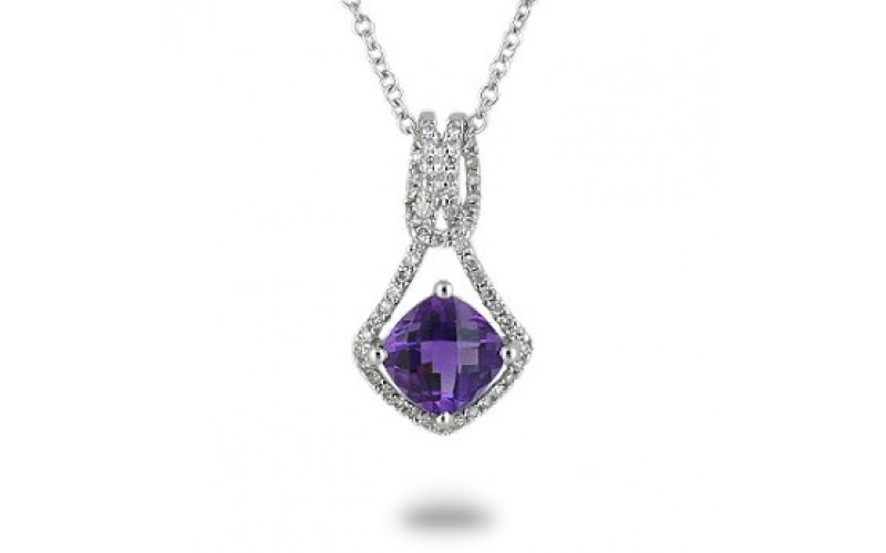 14K White Gold Amethyst With Diamond Pendant