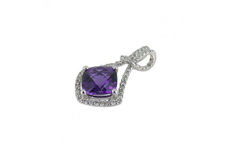 14K White Gold Amethyst With Diamond Pendant