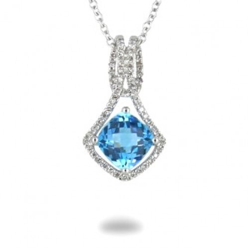 14K White Gold Blue Topaz With Diamond Pendant