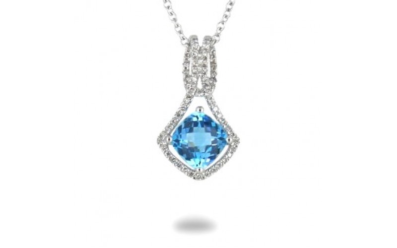 14K White Gold Blue Topaz With Diamond Pendant