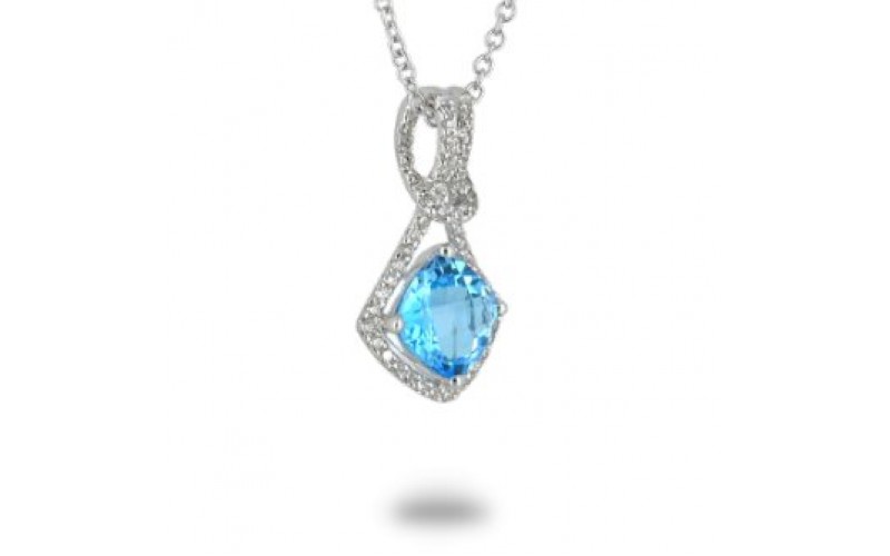 14K White Gold Blue Topaz With Diamond Pendant