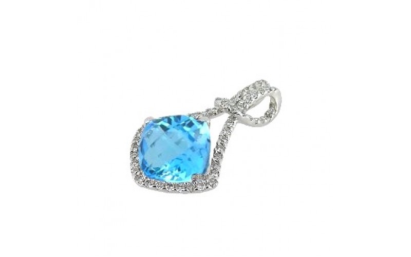 14K White Gold Blue Topaz With Diamond Pendant