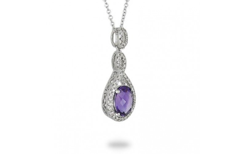 14K White Gold Amethyst With Diamond Pendant