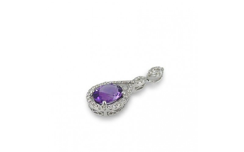 14K White Gold Amethyst With Diamond Pendant