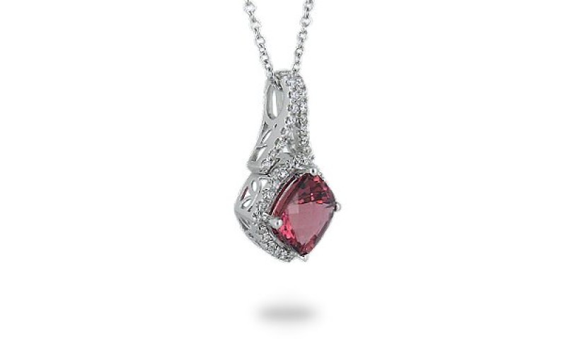9K White Gold Pink Tourmaline With Diamond Pendant