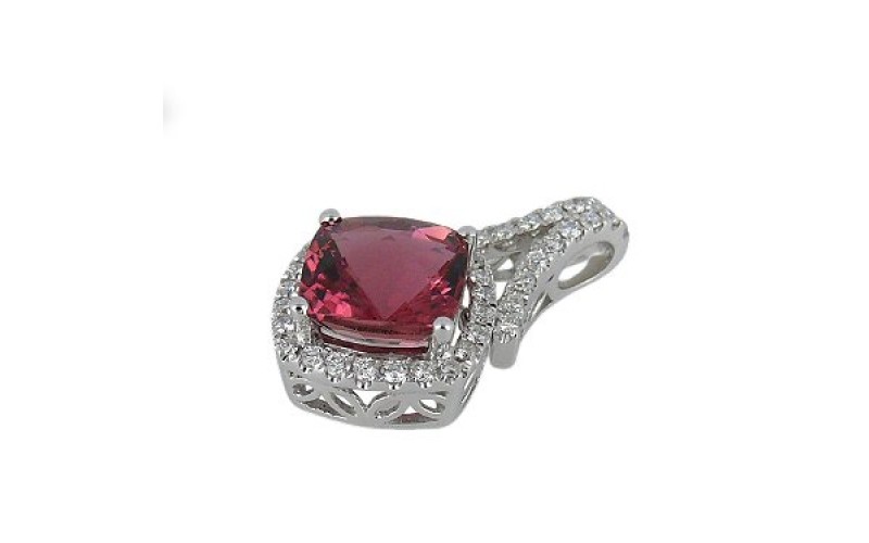 9K White Gold Pink Tourmaline With Diamond Pendant