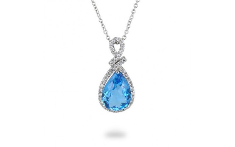 9K White Gold Blue Topaz With Diamond Pendant