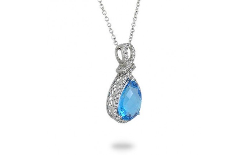 9K White Gold Blue Topaz With Diamond Pendant
