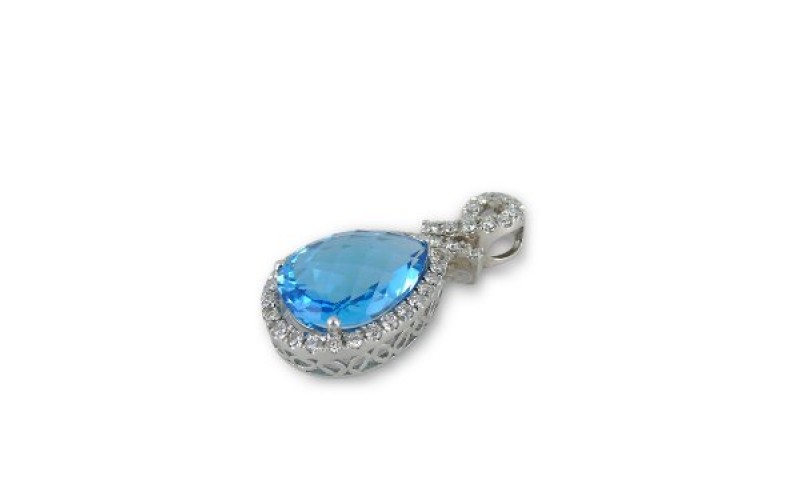 9K White Gold Blue Topaz With Diamond Pendant