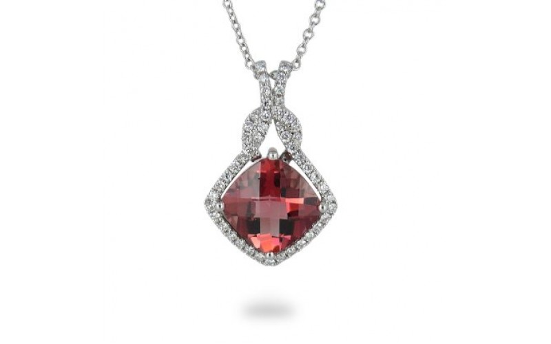 14K White Gold Pink Tourmaline With Diamond Pendant