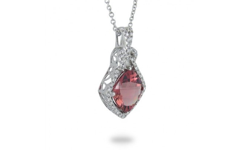 14K White Gold Pink Tourmaline With Diamond Pendant