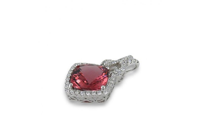 14K White Gold Pink Tourmaline With Diamond Pendant