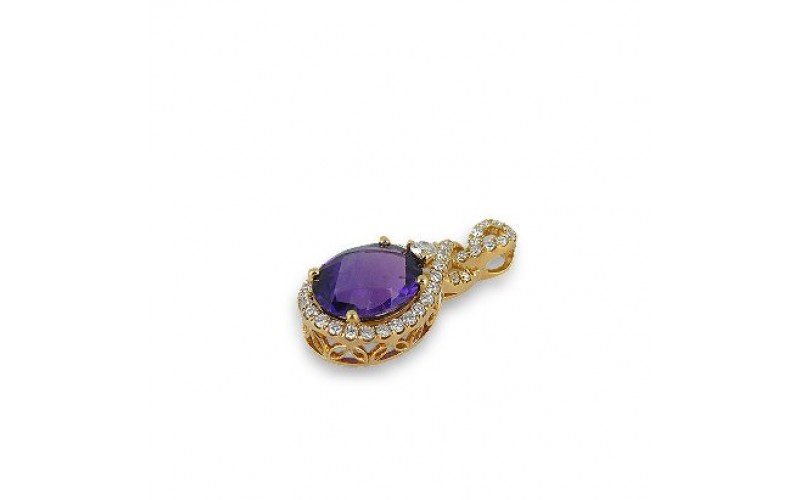 14K Yellow Gold Amethyst With Diamond Pendant