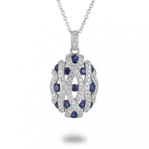 14K White Gold Sapphire With Diamond Pendant