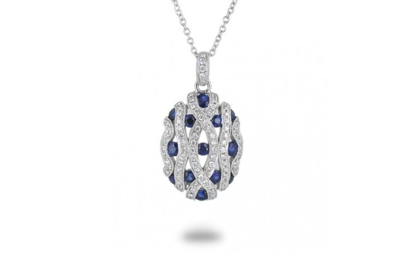 14K White Gold Sapphire With Diamond Pendant