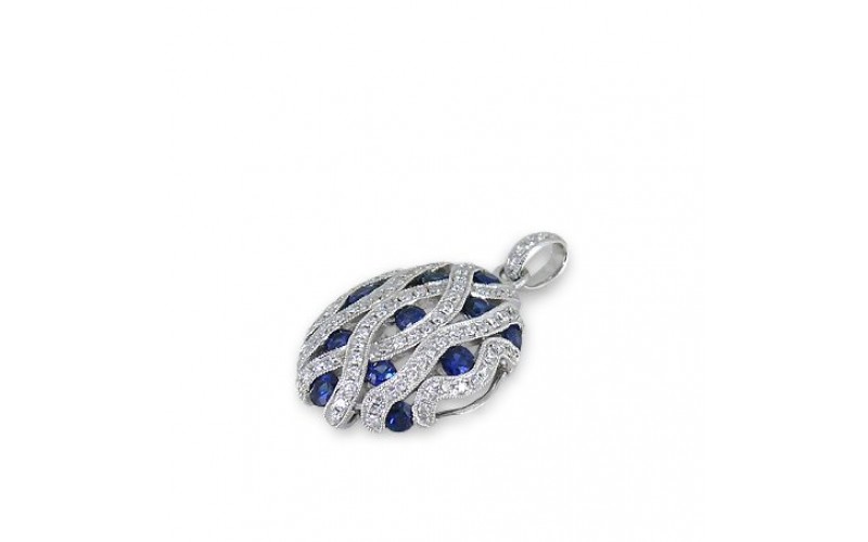 14K White Gold Sapphire With Diamond Pendant