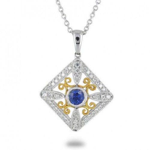 14K Yellow & White Gold Sapphire With Diamond Pendant