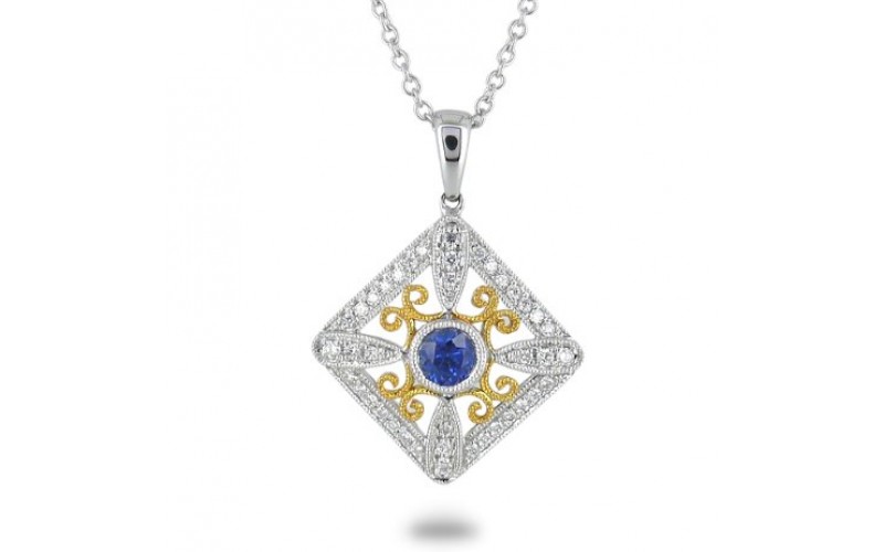 14K Yellow & White Gold Sapphire With Diamond Pendant