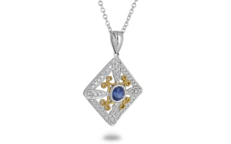 14K Yellow & White Gold Sapphire With Diamond Pendant