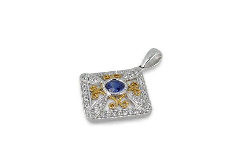 14K Yellow & White Gold Sapphire With Diamond Pendant