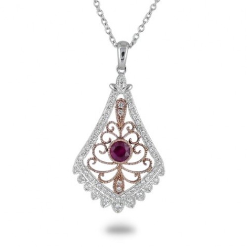 14K Rose & White Gold Ruby With Diamond Pendant