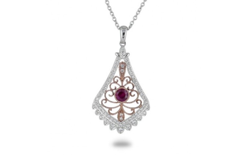 14K Rose & White Gold Ruby With Diamond Pendant