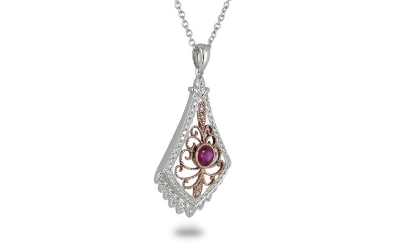 14K Rose & White Gold Ruby With Diamond Pendant