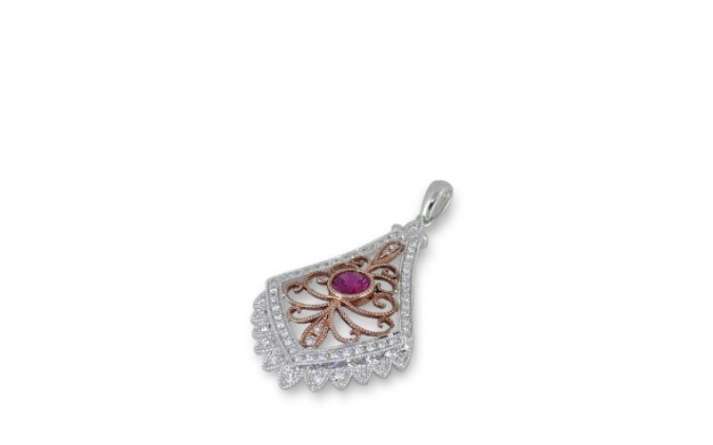 14K Rose & White Gold Ruby With Diamond Pendant