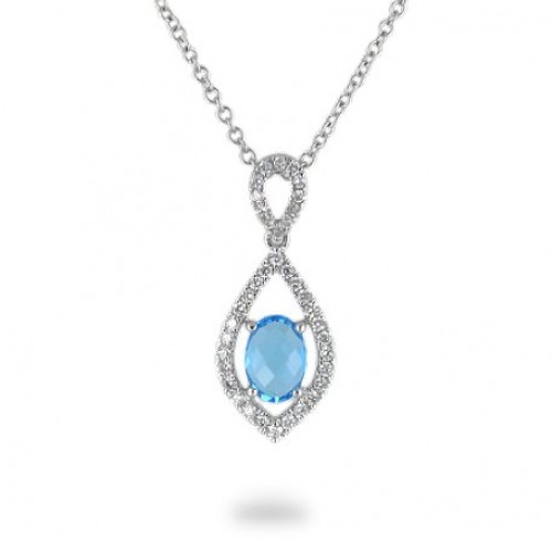 14K White Gold Blue Topaz With Diamond Pendant