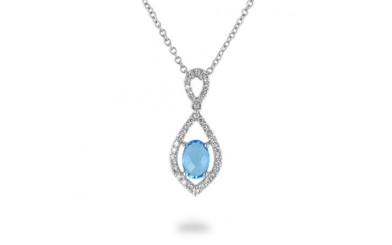 14K White Gold Blue Topaz With Diamond Pendant