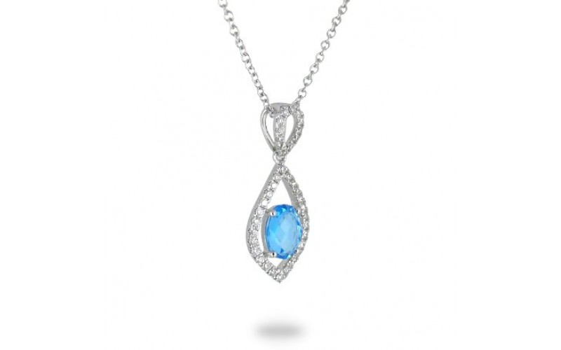 14K White Gold Blue Topaz With Diamond Pendant