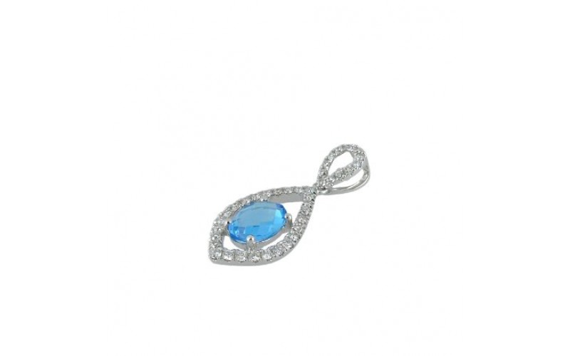 14K White Gold Blue Topaz With Diamond Pendant