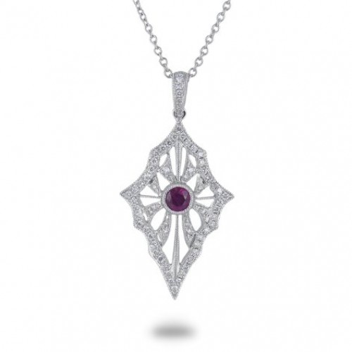 14K White Gold Ruby With Diamond Pendant