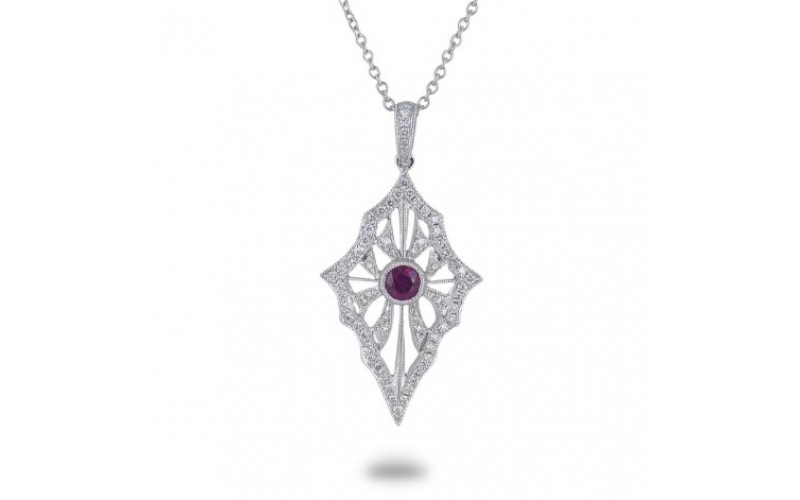 14K White Gold Ruby With Diamond Pendant