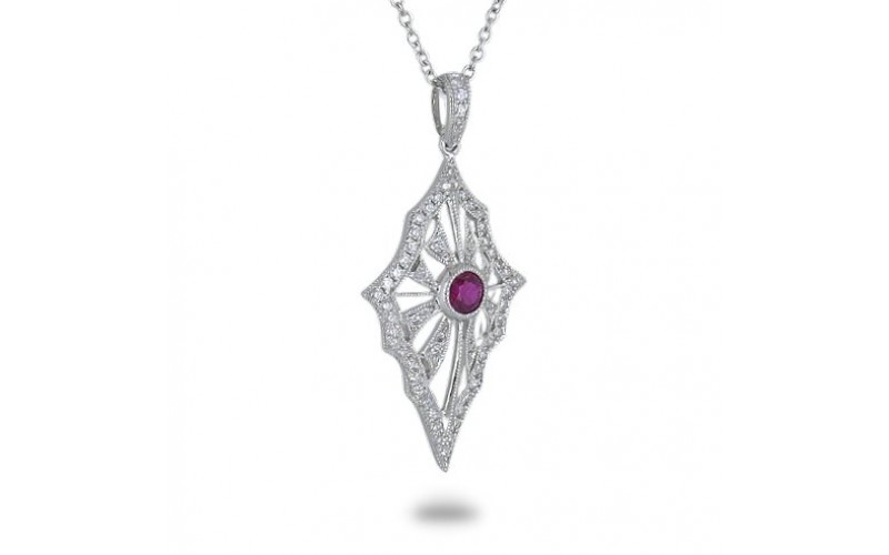 14K White Gold Ruby With Diamond Pendant