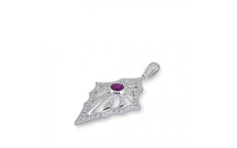14K White Gold Ruby With Diamond Pendant