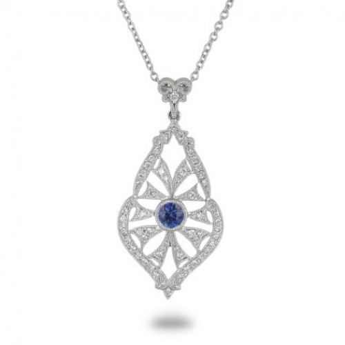 14K White Gold Sapphire With Diamond Pendant