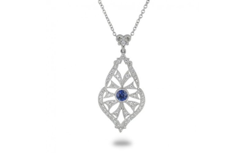 14K White Gold Sapphire With Diamond Pendant