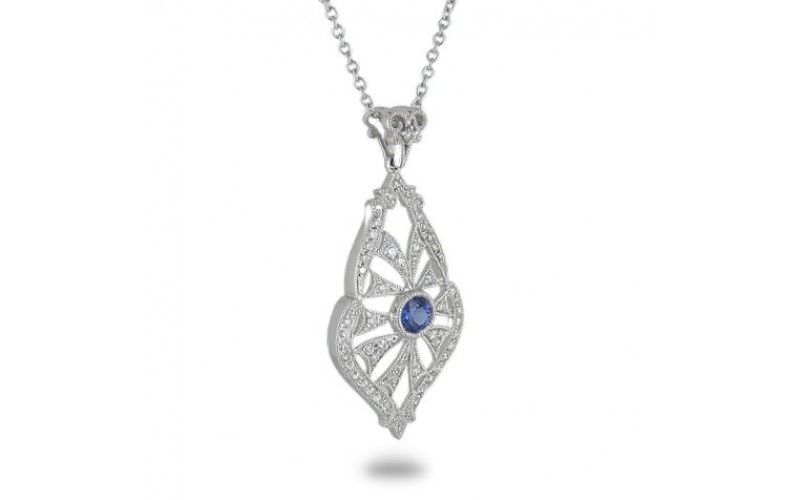 14K White Gold Sapphire With Diamond Pendant